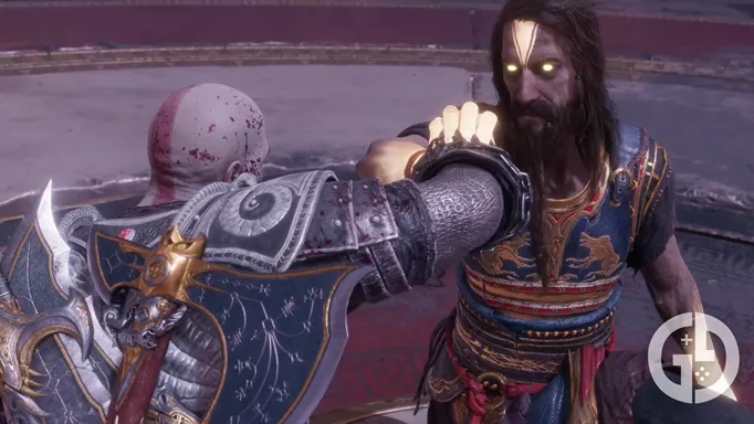Tyr catches Kratos' fist as they fight