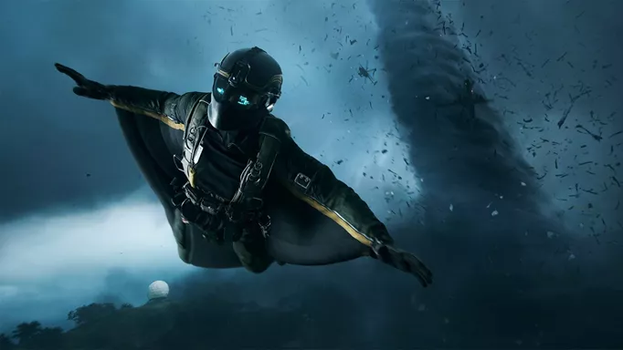 A wingsuit soldier flies in Battlefield 2042.