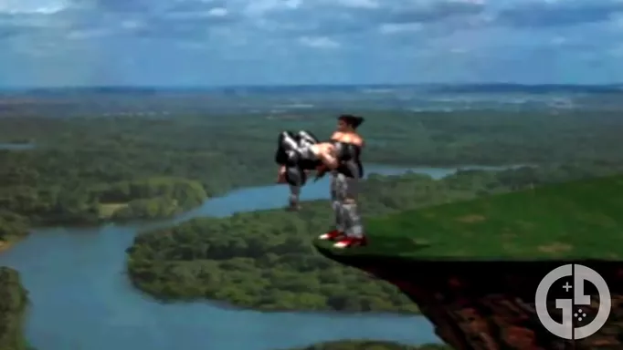 Kazuya throwing Heihachi off a cliff in Tekken 1