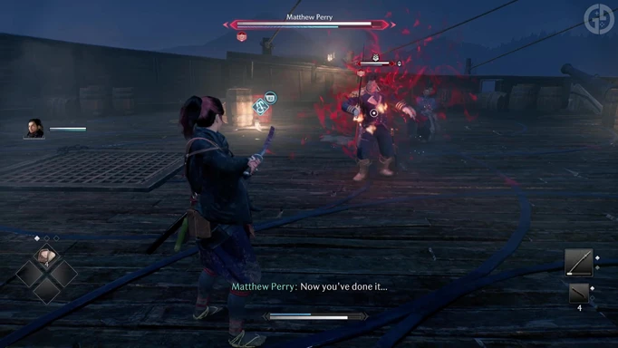 Matthew Perry using a martial skill in his Rise of the Ronin boss fight