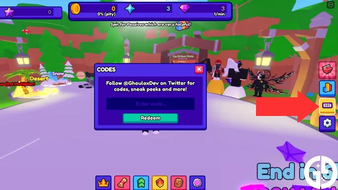The code redemption screen in Button Simulator Mania for Roblox