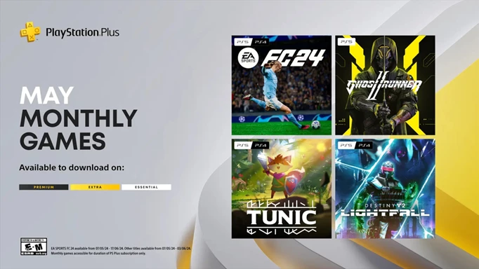 Image of the May 2024 Essential PS+ titles, including EA FC 24, Ghostrunner 2, Tunic, and Destiny 2: Lightfall