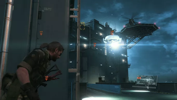 Screenshot of Snake hiding from a helicopter in Metal Gear Solid V: The Phantom Pain