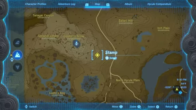 Image shows a map from The Legend of Zelda Tears of the Kingdom. It is where Hestu is located indicated by a stamp