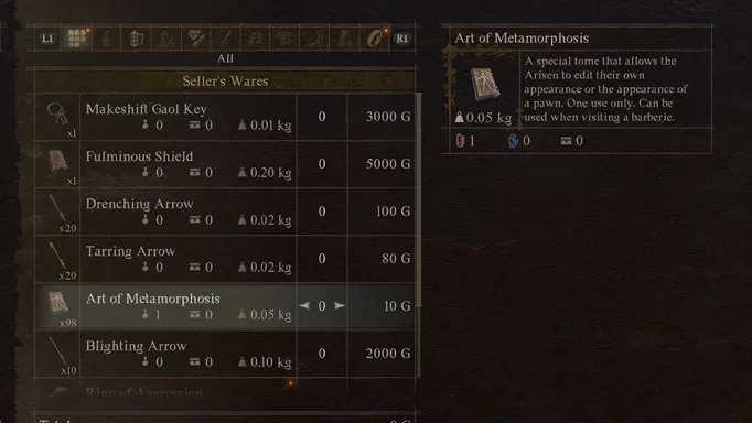 Buying the Art of Metamorphosis for 10 gold in DD2