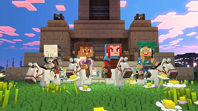 Four players on horseback in Minecraft Legends.