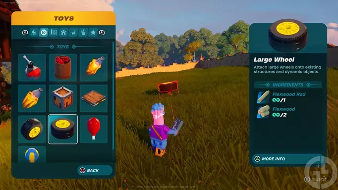 The TOYS menu in LEGO Frotnite where you'll find your car resources