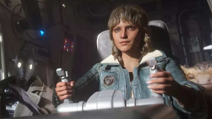 Kay Vess piloting her ship in Star Wars Outlaws.