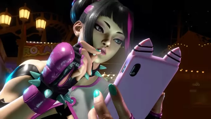 Image shows Juri from Street Fighter 6. She is looking at her phone with a lollipop in her mouth
