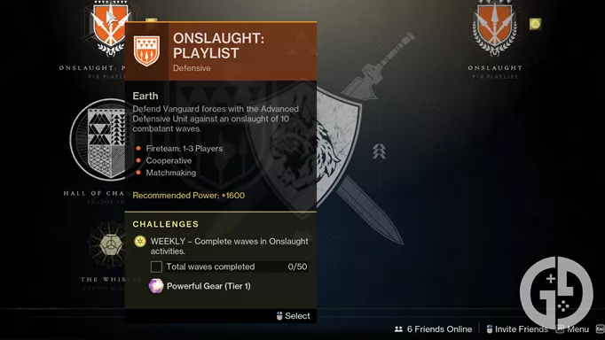 The Onslaught option in the Destiny 2 directory