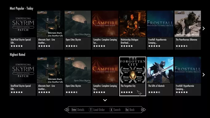 an image of the Skyrim mods menu on console