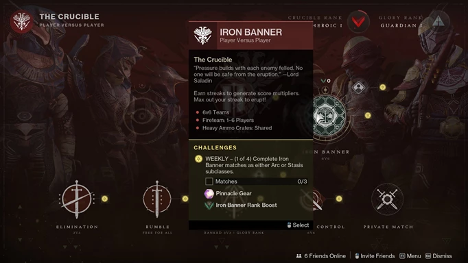 The Iron Banner node on the map screen in Destiny 2, showing the daily challenges