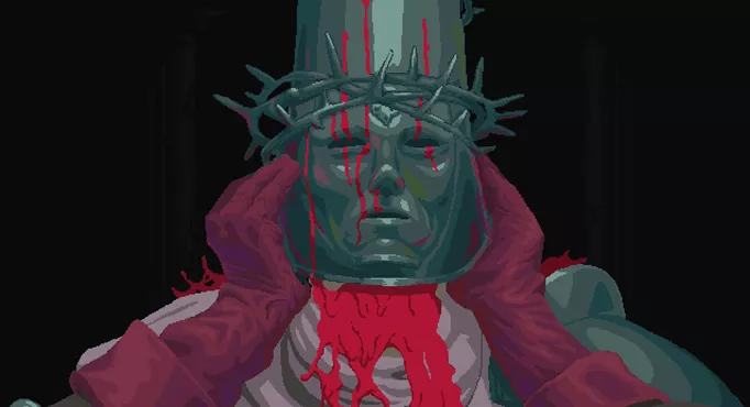 Key art of a bloody helmet in Blasphemous. one of the best games like Dark Souls