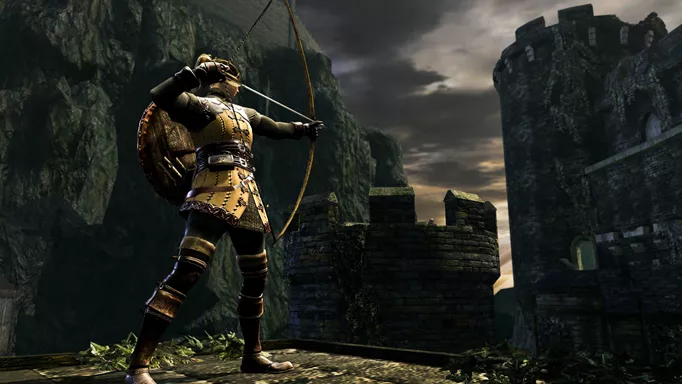 A character draws a bow ready to fire in Dark Souls