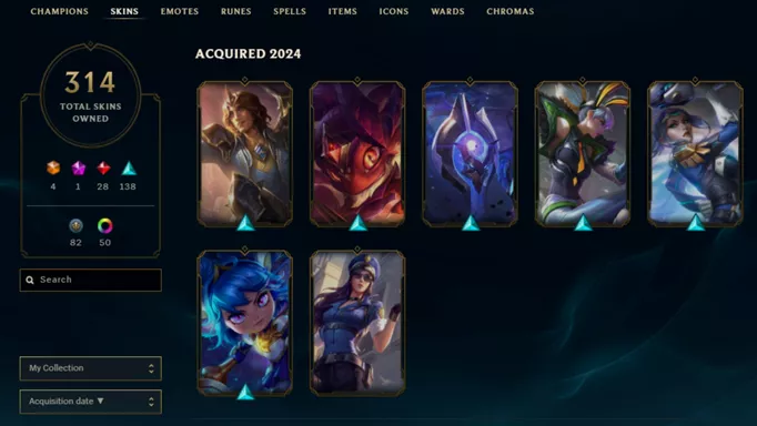 Purchased skins in League of Legends.