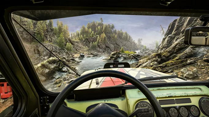 Image of driving in first person in Expeditions: A Mudrunner Game