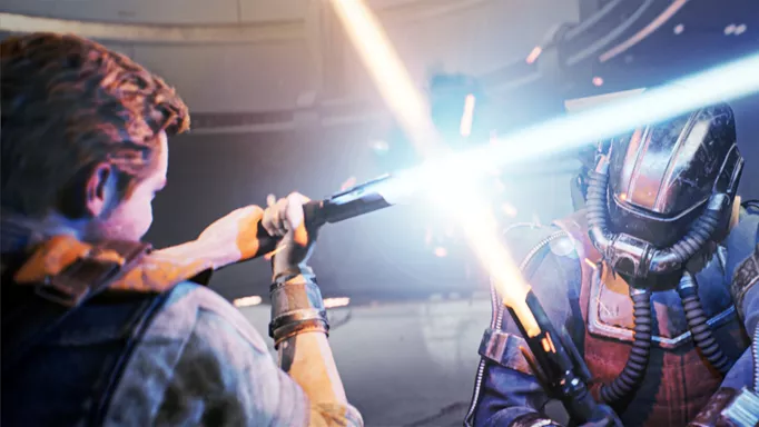 Key art from Star Wars Jedi: Survivor showing a lightsaber clash