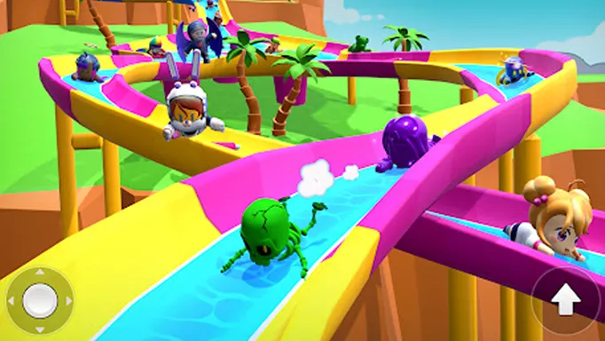 Stumble Guys, flowing down a colourful waterslide level.