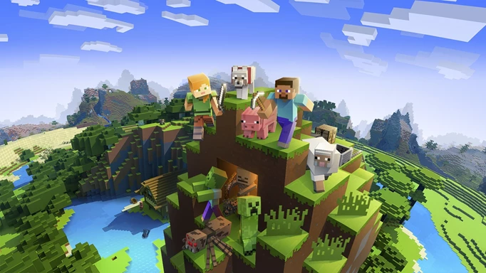 A wallpaper for Minecraft showing Steve, Alex, a wolf, pig, sheep and creeper on a tall structure