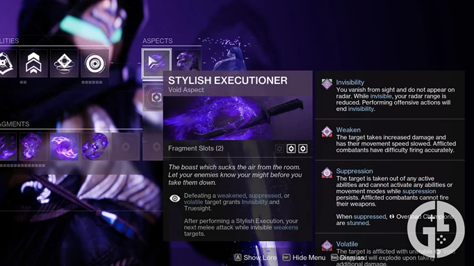 The Nightstalker subclass menu in Destiny 2
