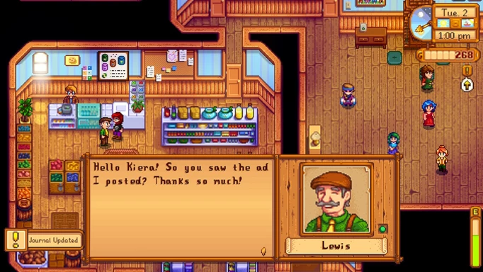Lewis in Stardew Valley talking to the player