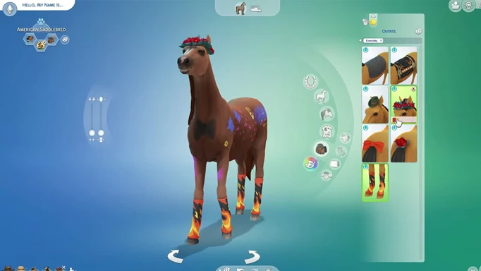 Screenshot from The Sims 4 Horse Ranch livestream showing CAS items for horses