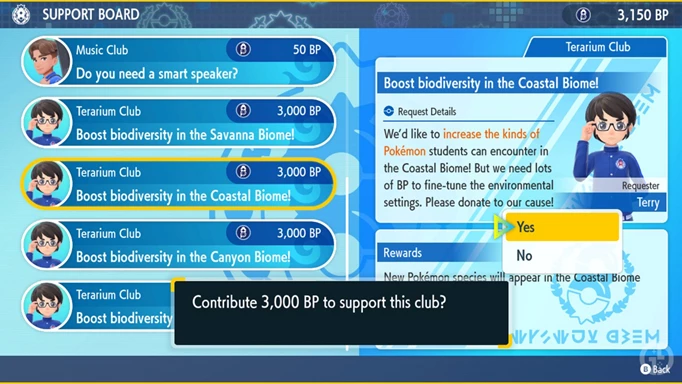 Donating BP to the Terarium Club to unlock starter Pokemon