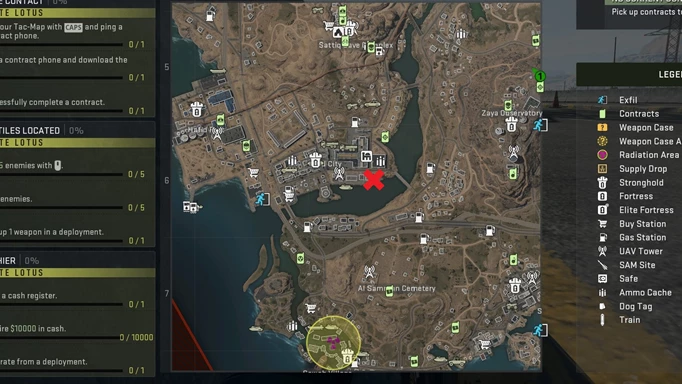 Map showing the MW2 DMZ Police Armory key unlock location in cell D6