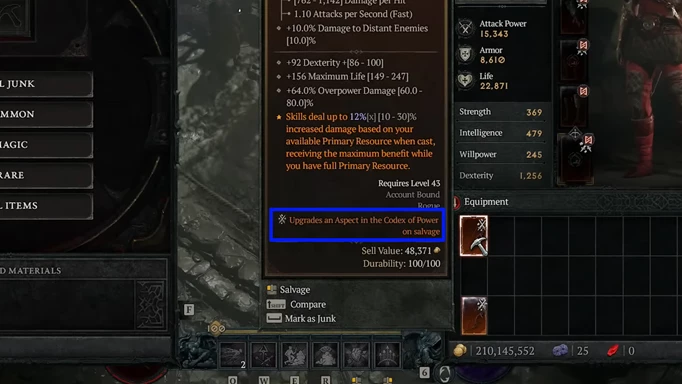 An item description showing that salvaging the item with upgrade the associated Aspect