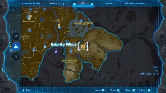 Image shows a map in Zelda: Tears of the Kingdom showing the location of Kakariko Village