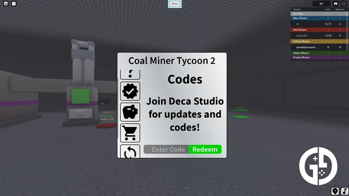 The interface for redeeming Coal Miner Tycoon 2 codes