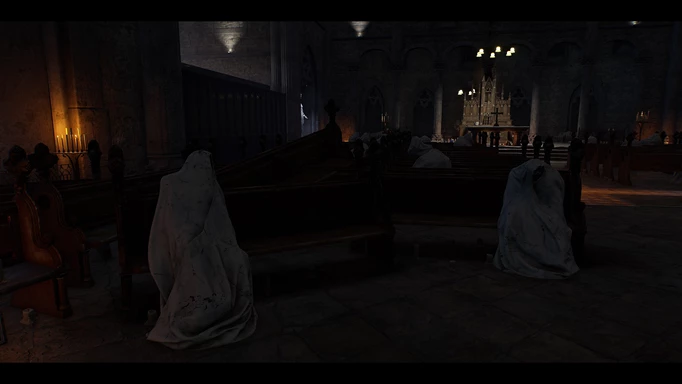 Broken Pieces Review eerie statues in a church