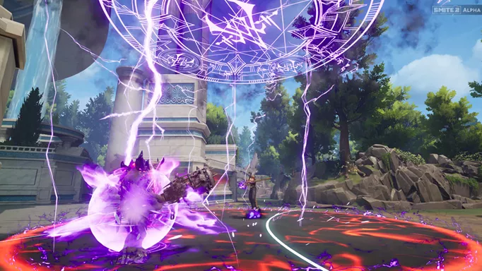 Zeus using his ultimate on Ymir in SMITE 2