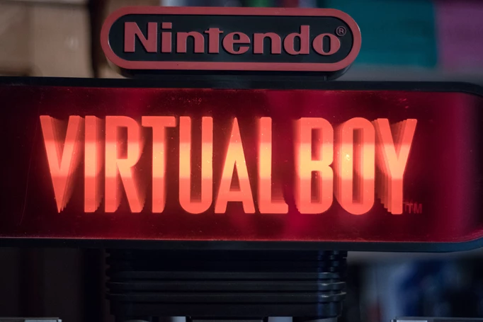 A lit sign advertising Nintendo's Virtual Boy.