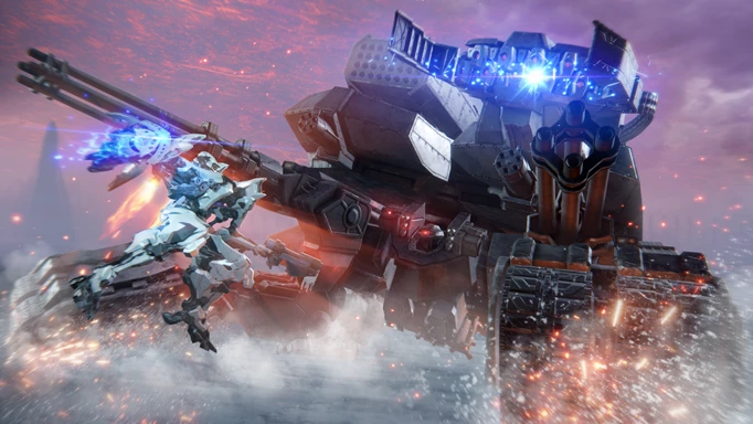 Armored Core 6 key art showing a boss fight