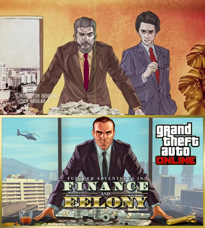 Two images, one on top of the other, showing the similarities between GTA and a Netflix show. A man is leaning over a table with lots of money on it, in front of a window. They are both wearing suits.