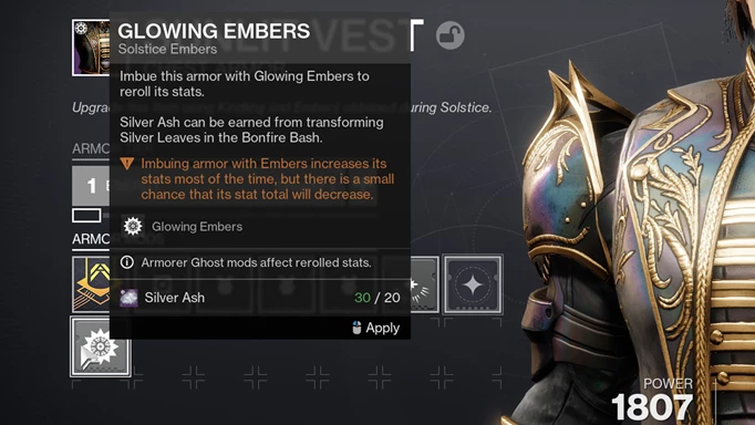 Using Glowing Embers to upgrade armour with high stats in Destiny 2