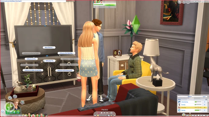 Image of a Sim's skill panel with level 10 Parenting skill shown
