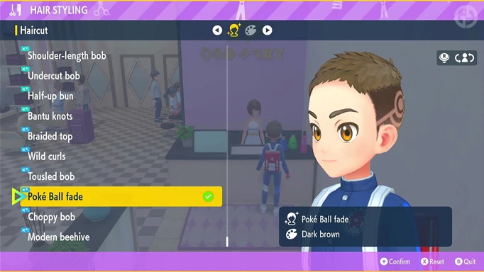 The Poke Ball fade hairstyle you can get in Pokemon Scarlet & Violet with The Indigo Disk DLC