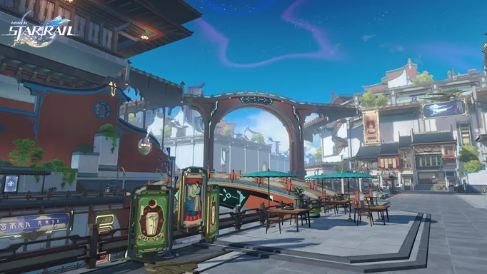A wide shot of a city in Honkai: Star Rail, with large buildings and bridges in the distance