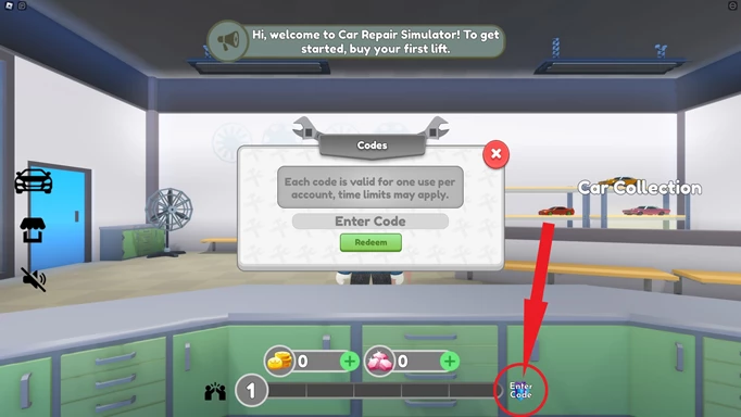Screenshot showing you how to redeem Car Repair Simulator codes