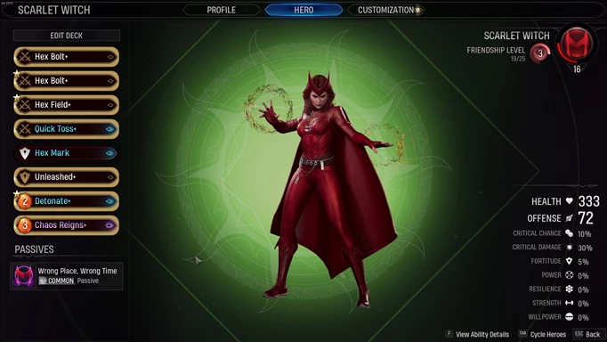 a screenshot of the Midnight Suns Scarlet Witch deck screen