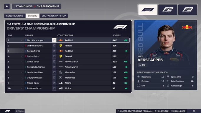 F1 Manager 2023 driver standings