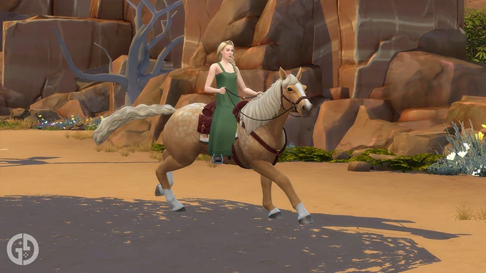 Image of a horse running in The Sims with a human Sim