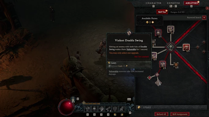 The skill menu in Diablo 4 from the Barbarian class