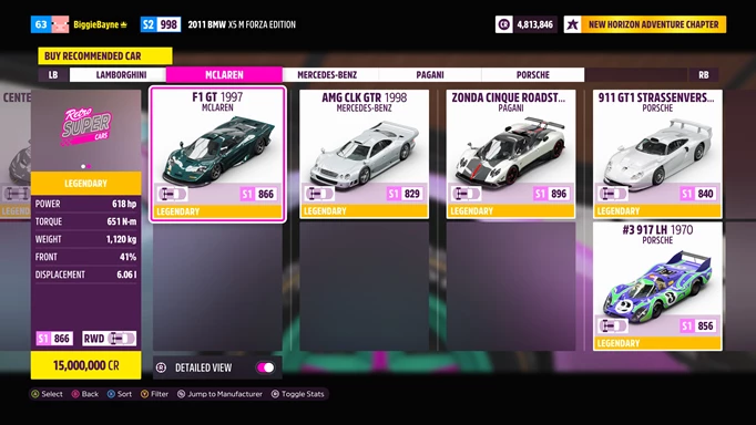 Forza Horizon 5 High Rollers cars menu.