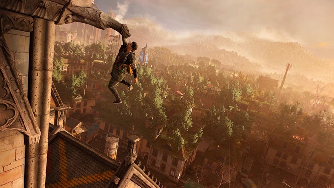 A character hanging from a building in Dying Light 2, a game like Dead Island 2