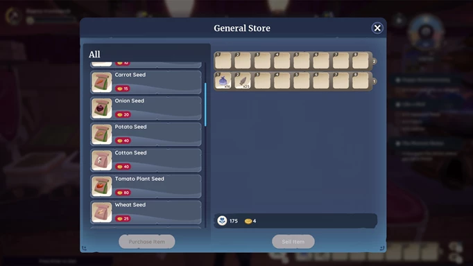 Screenshot showing where to get seeds in Palia: General store stock
