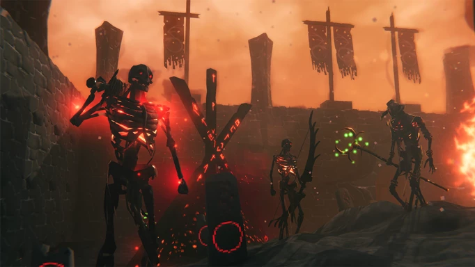 A group of skeletal enemies lie in wait in Valheim's Ashlands.