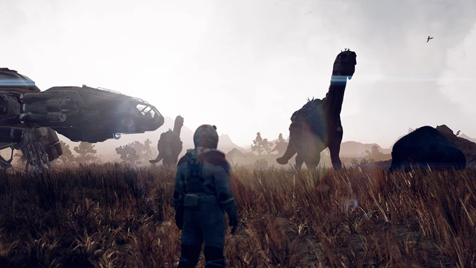 an image of a character next to some alien wildlife in Starfield